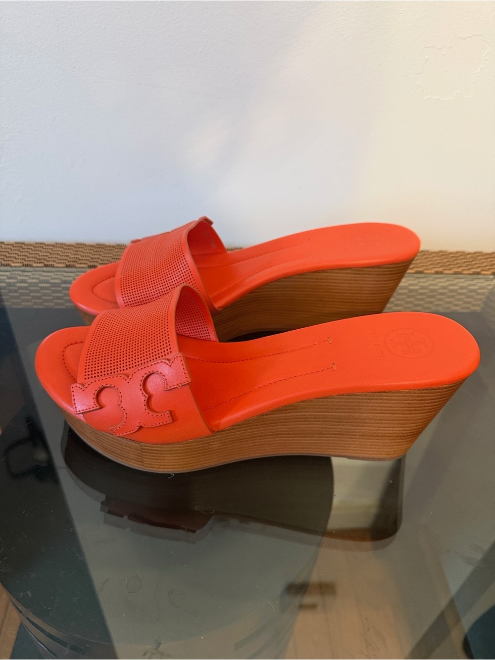Tory Burch Coral-Orange Perforated Logo Wedge Slides